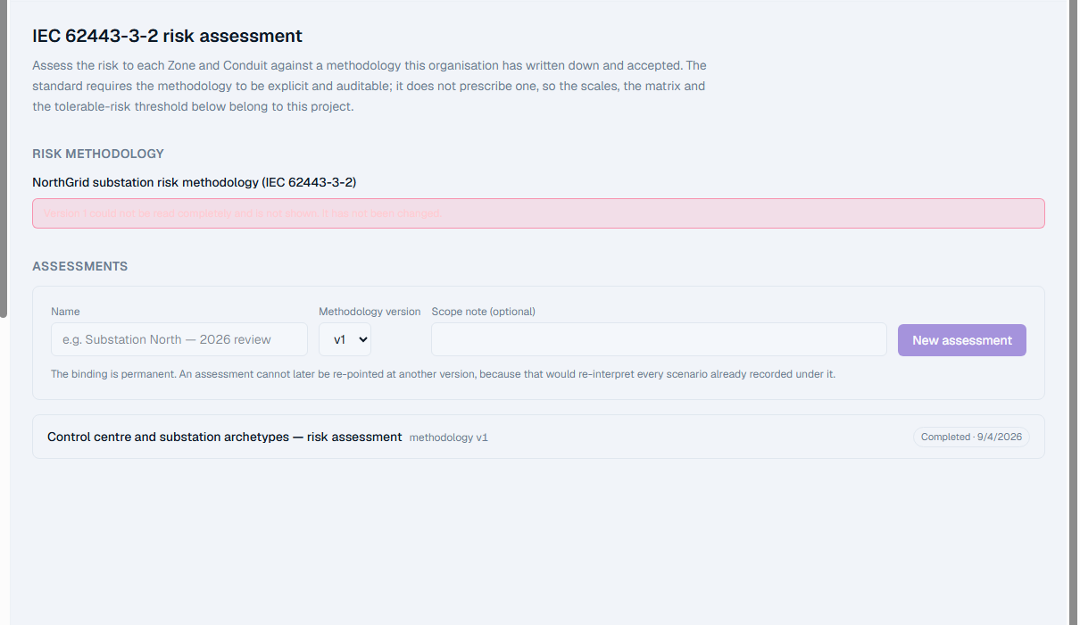 The OTReady IEC 62443-3-2 risk assessment workspace, showing the system under consideration and the recorded risk scenarios.