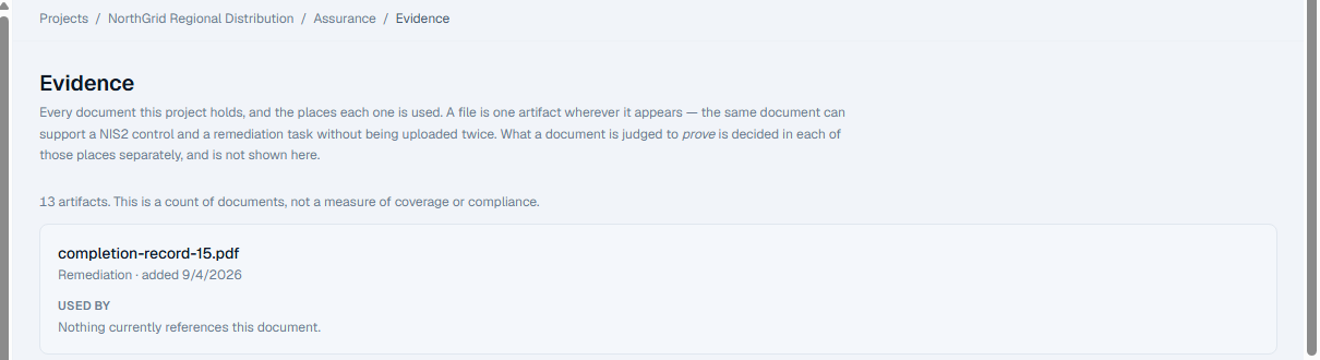 The OTReady evidence register: a count of documents held by the project, and for each document the places that reference it.