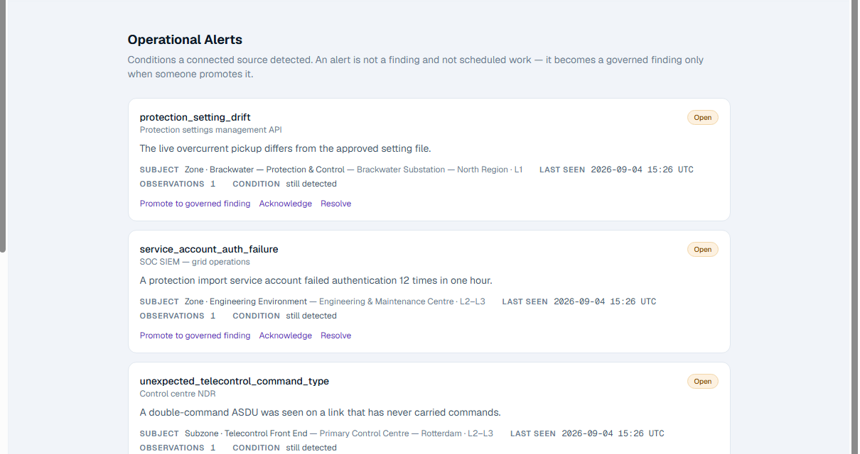 The OTReady operational alerts view, listing detected conditions with the basis on which each was raised.