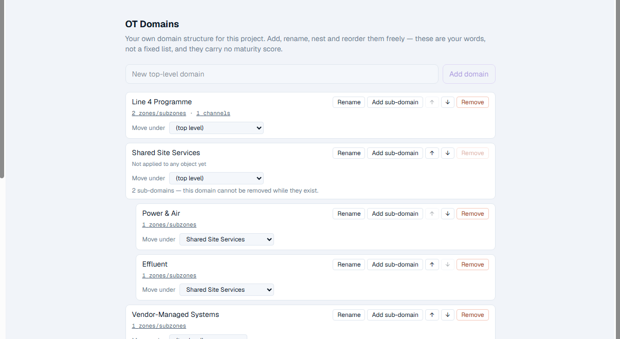 The OTReady OT Domains view for an illustrative mixed industrial configuration, showing domains named in the operator's own words.